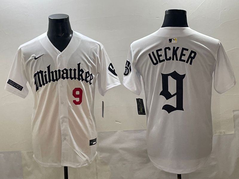 Men 2025 Milwaukee Brewers #9 Uecker White Five generations Joint Name Nike MLB Jersey style 04->new york yankees->MLB Jersey